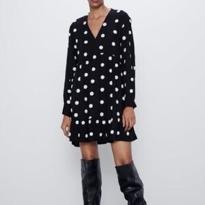 Zara Black and White Polka Dot Long Sleeve Dress
